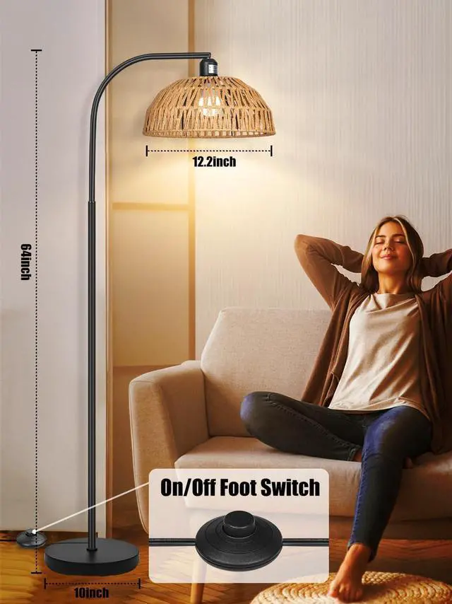 Alt view image 4 of 6 - Farmhouse Rattan Floor Lamp, Black Rustic Tall Floor Lamp, Boho Floor Lamps with Hanging Adjustable Hand-Worked Rattan Shade, Foot Switch, Black Pole Lamps for Living Room (Bulb Not Included)