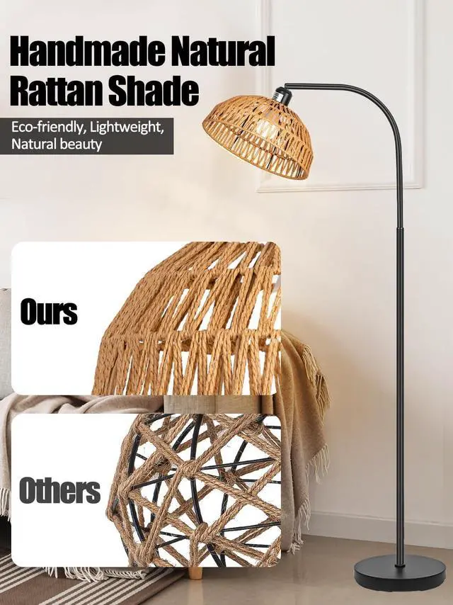 Alt view image 5 of 6 - Farmhouse Rattan Floor Lamp, Black Rustic Tall Floor Lamp, Boho Floor Lamps with Hanging Adjustable Hand-Worked Rattan Shade, Foot Switch, Black Pole Lamps for Living Room (Bulb Not Included)
