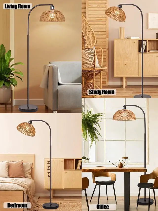 Alt view image 6 of 6 - Farmhouse Rattan Floor Lamp, Black Rustic Tall Floor Lamp, Boho Floor Lamps with Hanging Adjustable Hand-Worked Rattan Shade, Foot Switch, Black Pole Lamps for Living Room (Bulb Not Included)