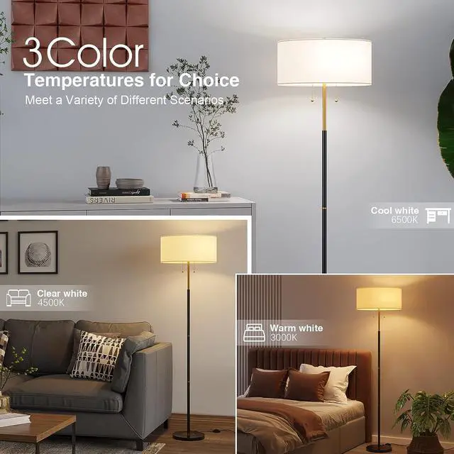 Alt view image 2 of 7 - 2-Light Floor Lamp, Mid Century Floor Lamp with White Fabric Shade, Standing Lamp Tall Lamp for Living Room Bedroom, 3 Color Temperatures 9W Bulb Include