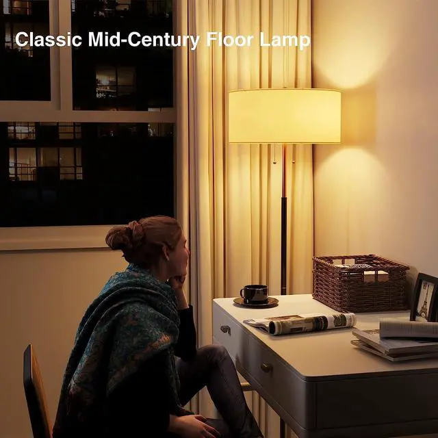 Alt view image 3 of 7 - 2-Light Floor Lamp, Mid Century Floor Lamp with White Fabric Shade, Standing Lamp Tall Lamp for Living Room Bedroom, 3 Color Temperatures 9W Bulb Include