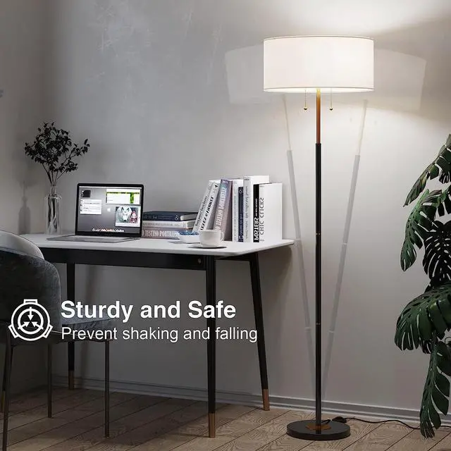 Alt view image 4 of 7 - 2-Light Floor Lamp, Mid Century Floor Lamp with White Fabric Shade, Standing Lamp Tall Lamp for Living Room Bedroom, 3 Color Temperatures 9W Bulb Include