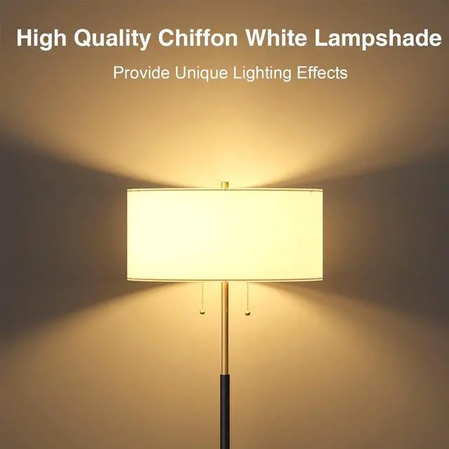Alt view image 5 of 7 - 2-Light Floor Lamp, Mid Century Floor Lamp with White Fabric Shade, Standing Lamp Tall Lamp for Living Room Bedroom, 3 Color Temperatures 9W Bulb Include