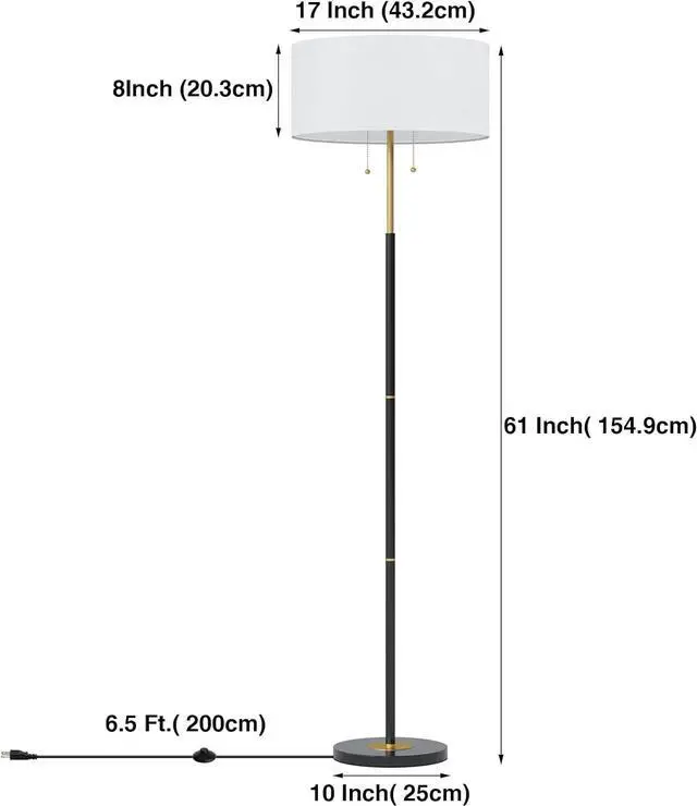 Alt view image 7 of 7 - 2-Light Floor Lamp, Mid Century Floor Lamp with White Fabric Shade, Standing Lamp Tall Lamp for Living Room Bedroom, 3 Color Temperatures 9W Bulb Include