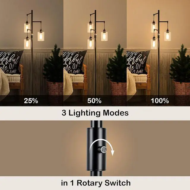 Alt view image 2 of 7 - Airposta Industrial Floor Lamp with On/Off Dimmable Switch, 3-Head Rustic Tree Standing Lamp, Edison Bulb 40W Retro Tall Glass Floor Light for Living Room, Reading, Office, Bedroom, Black