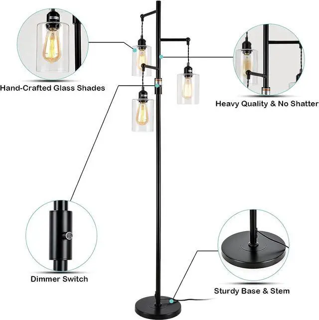 Alt view image 4 of 7 - Airposta Industrial Floor Lamp with On/Off Dimmable Switch, 3-Head Rustic Tree Standing Lamp, Edison Bulb 40W Retro Tall Glass Floor Light for Living Room, Reading, Office, Bedroom, Black