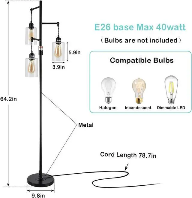 Alt view image 5 of 7 - Airposta Industrial Floor Lamp with On/Off Dimmable Switch, 3-Head Rustic Tree Standing Lamp, Edison Bulb 40W Retro Tall Glass Floor Light for Living Room, Reading, Office, Bedroom, Black