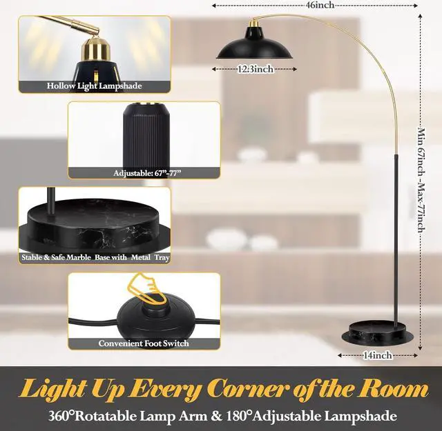 Alt view image 5 of 7 - Arc Floor Lamp for Living Room, Marble Base Standing Lamp - Black Gold Floor Lamps with 360° Rotatable Arm, Industrial Tall Lamp Metal Material, Reading Lamp for Bedroom Couch Sofa Desk