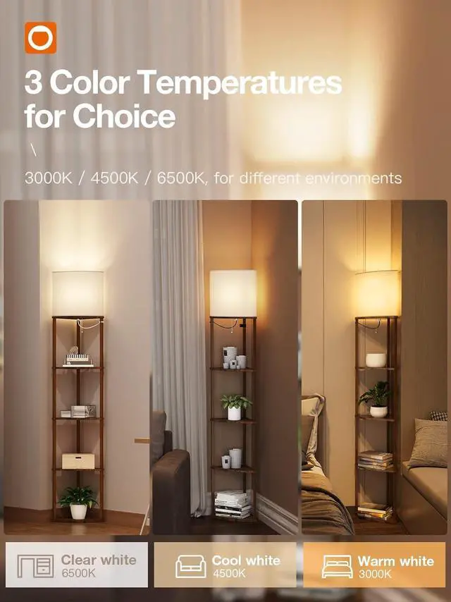 Alt view image 2 of 7 - addlon Corner Lamps 5-Tier Shelf Floor Lamp Display with 3 Color Temperatures LED Bulb and Linen Lamp Shade, Shelves for Living Room, Bedroom and Office - Vintage