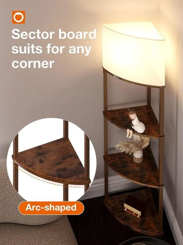 Alt view image 3 of 7 - addlon Corner Lamps 5-Tier Shelf Floor Lamp Display with 3 Color Temperatures LED Bulb and Linen Lamp Shade, Shelves for Living Room, Bedroom and Office - Vintage