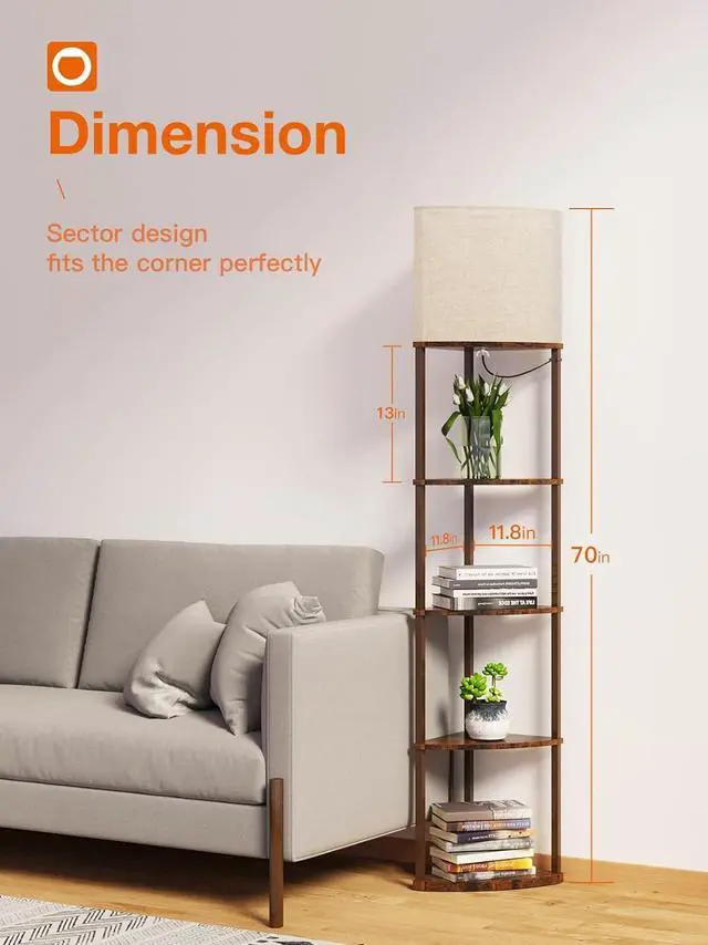 Alt view image 5 of 7 - addlon Corner Lamps 5-Tier Shelf Floor Lamp Display with 3 Color Temperatures LED Bulb and Linen Lamp Shade, Shelves for Living Room, Bedroom and Office - Vintage