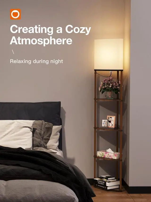 Alt view image 7 of 7 - addlon Corner Lamps 5-Tier Shelf Floor Lamp Display with 3 Color Temperatures LED Bulb and Linen Lamp Shade, Shelves for Living Room, Bedroom and Office - Vintage