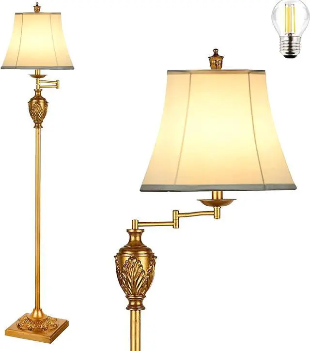 Main image of Traditional LED Floor Lamp with 350° Adjustable  Vintage Pole lamp Swing arm for Living Room, Bedroom and Office  Rustic Upright Floor Light for Home Décor with Faux Silk Fabric Shade
