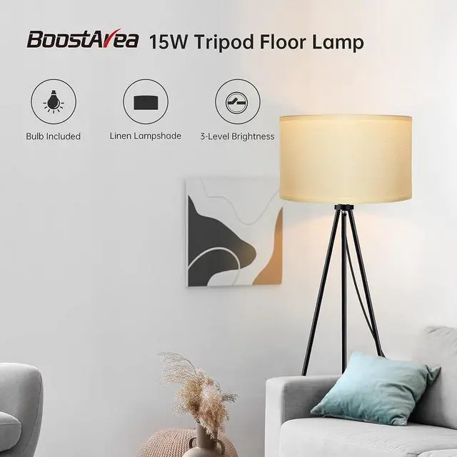 Alt view image 2 of 7 - BoostArea Floor Lamp for Living Room, Tripod Floor Lamp, 15W LED Bulb, 3 Levels Dimmable Brightness, White Linen Lamp Shade, Mid Century Standing Lamp for Living Room, Bedroom, Study Room and Office