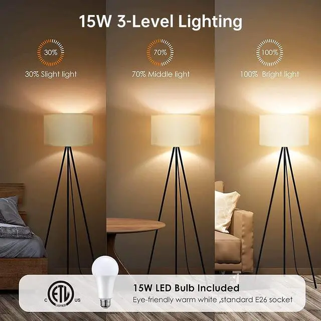 Alt view image 3 of 7 - BoostArea Floor Lamp for Living Room, Tripod Floor Lamp, 15W LED Bulb, 3 Levels Dimmable Brightness, White Linen Lamp Shade, Mid Century Standing Lamp for Living Room, Bedroom, Study Room and Office