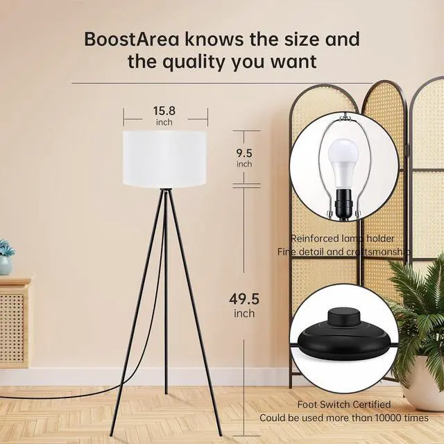 Alt view image 4 of 7 - BoostArea Floor Lamp for Living Room, Tripod Floor Lamp, 15W LED Bulb, 3 Levels Dimmable Brightness, White Linen Lamp Shade, Mid Century Standing Lamp for Living Room, Bedroom, Study Room and Office