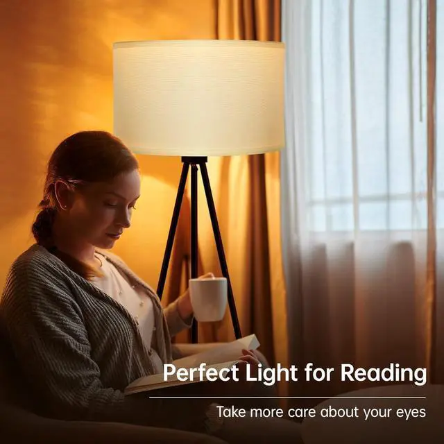 Alt view image 6 of 7 - BoostArea Floor Lamp for Living Room, Tripod Floor Lamp, 15W LED Bulb, 3 Levels Dimmable Brightness, White Linen Lamp Shade, Mid Century Standing Lamp for Living Room, Bedroom, Study Room and Office