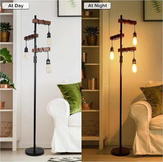 Alt view image 5 of 7 - Dimmable Industrial Floor Lamp, Farmhouse Tree Floor Lamp, 68 Inch 3 Lights Wood Standing Lamp, Sturdy Base Tall Vintage Pole Light, Metal Black Floor Lamps for Living Room Bedroom Office Rustic Home