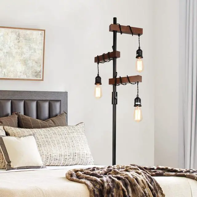 Alt view image 6 of 7 - Dimmable Industrial Floor Lamp, Farmhouse Tree Floor Lamp, 68 Inch 3 Lights Wood Standing Lamp, Sturdy Base Tall Vintage Pole Light, Metal Black Floor Lamps for Living Room Bedroom Office Rustic Home