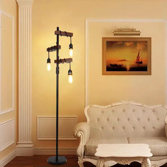 Alt view image 7 of 7 - Dimmable Industrial Floor Lamp, Farmhouse Tree Floor Lamp, 68 Inch 3 Lights Wood Standing Lamp, Sturdy Base Tall Vintage Pole Light, Metal Black Floor Lamps for Living Room Bedroom Office Rustic Home