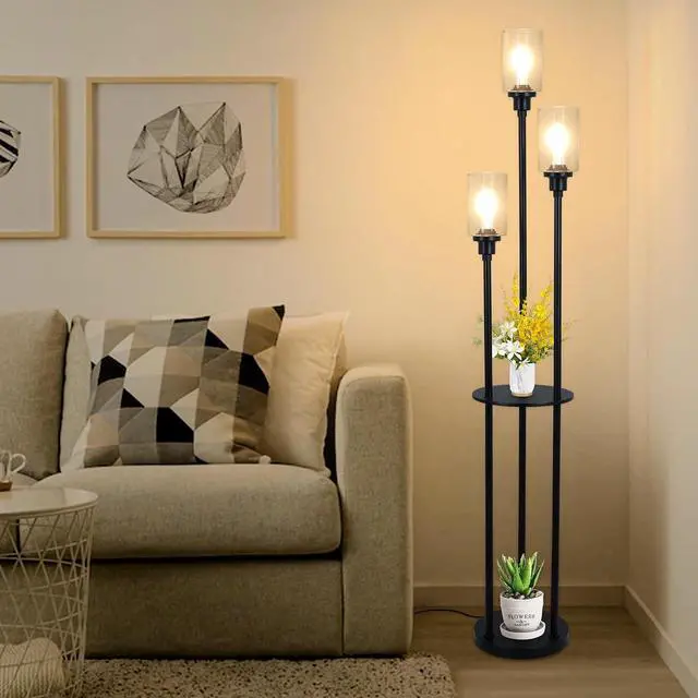 Alt view image 2 of 7 - HMVPL Floor Lamps for Living Room, 3-Lights Modern Floor Lamp with Shelves, Farmhouse Standing Lamp with Glass Shades, On/Off Foot Switch, Black Industrial Tall Lamp for Bedroom Office Corner(66")