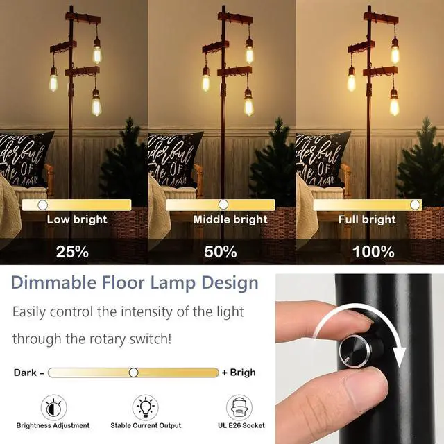 Alt view image 2 of 7 - Dimmable Industrial Floor Lamp, Farmhouse Tree Floor Lamp, 68 Inch 3 Lights Wood Standing Lamp, Sturdy Base Tall Vintage Pole Light, Metal Black Floor Lamps for Living Room Bedroom Office Rustic Home