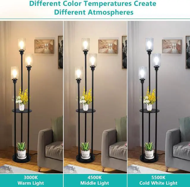 Alt view image 3 of 7 - HMVPL Floor Lamps for Living Room, 3-Lights Modern Floor Lamp with Shelves, Farmhouse Standing Lamp with Glass Shades, On/Off Foot Switch, Black Industrial Tall Lamp for Bedroom Office Corner(66")