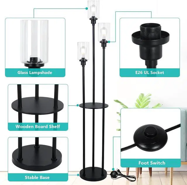 Alt view image 4 of 7 - HMVPL Floor Lamps for Living Room, 3-Lights Modern Floor Lamp with Shelves, Farmhouse Standing Lamp with Glass Shades, On/Off Foot Switch, Black Industrial Tall Lamp for Bedroom Office Corner(66")