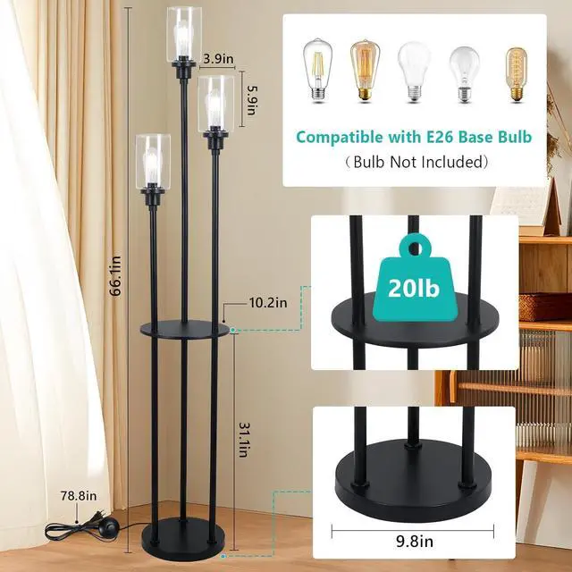 Alt view image 5 of 7 - HMVPL Floor Lamps for Living Room, 3-Lights Modern Floor Lamp with Shelves, Farmhouse Standing Lamp with Glass Shades, On/Off Foot Switch, Black Industrial Tall Lamp for Bedroom Office Corner(66")