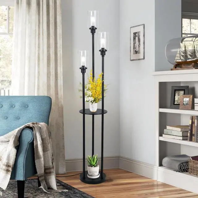 Alt view image 6 of 7 - HMVPL Floor Lamps for Living Room, 3-Lights Modern Floor Lamp with Shelves, Farmhouse Standing Lamp with Glass Shades, On/Off Foot Switch, Black Industrial Tall Lamp for Bedroom Office Corner(66")