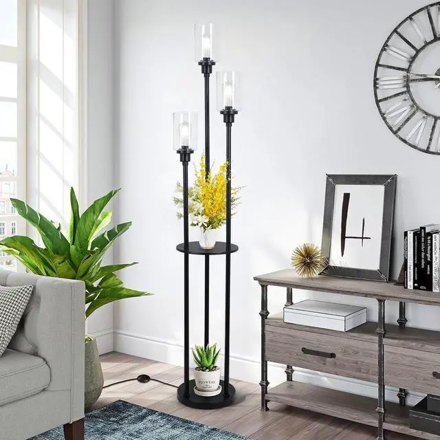 Alt view image 7 of 7 - HMVPL Floor Lamps for Living Room, 3-Lights Modern Floor Lamp with Shelves, Farmhouse Standing Lamp with Glass Shades, On/Off Foot Switch, Black Industrial Tall Lamp for Bedroom Office Corner(66")