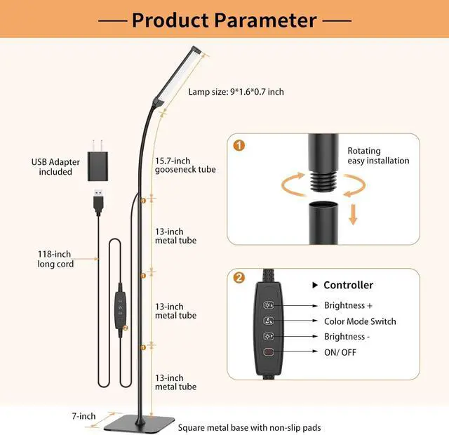 Alt view image 6 of 6 - LED Floor Lamp, Reading Lamps Floor Standing [120 LEDs with 3 Color Mode 3000K-6000K & 10 Brightness Setting] Dimmable Desk Light with Flexible Gooseneck for Living Room Bedroom Office