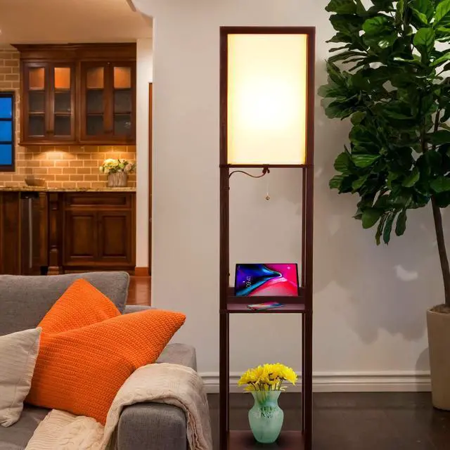 Alt view image 2 of 7 - Brightech Maxwell  Modern Shelf Floor Lamp with USB Ports, Wireless Charging & Outlet  Versatile Corner Display and Lamp with Shelves, Storage Solution for Living Room, Office, Bedroom