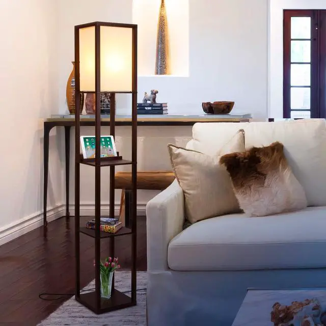 Alt view image 4 of 7 - Brightech Maxwell  Modern Shelf Floor Lamp with USB Ports, Wireless Charging & Outlet  Versatile Corner Display and Lamp with Shelves, Storage Solution for Living Room, Office, Bedroom