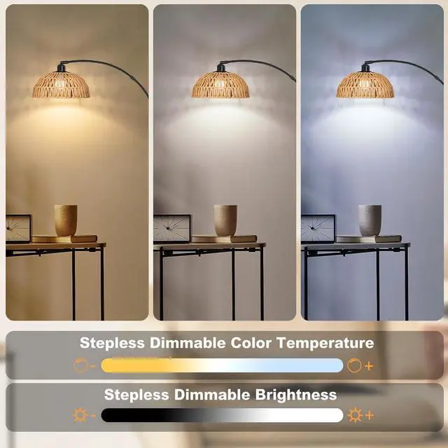 Alt view image 4 of 7 - Rattan Floor Lamp- Modern Black Standing Floor Lamps with Remote Control and Stepless Dimmable Bulb, Hand-Worked Adjustable Rattan Lamp Shades Bohemian Floor Lamps for Living Room, Bedroom, Office