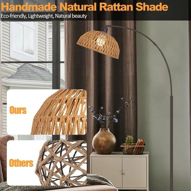 Alt view image 6 of 7 - Rattan Floor Lamp- Modern Black Standing Floor Lamps with Remote Control and Stepless Dimmable Bulb, Hand-Worked Adjustable Rattan Lamp Shades Bohemian Floor Lamps for Living Room, Bedroom, Office