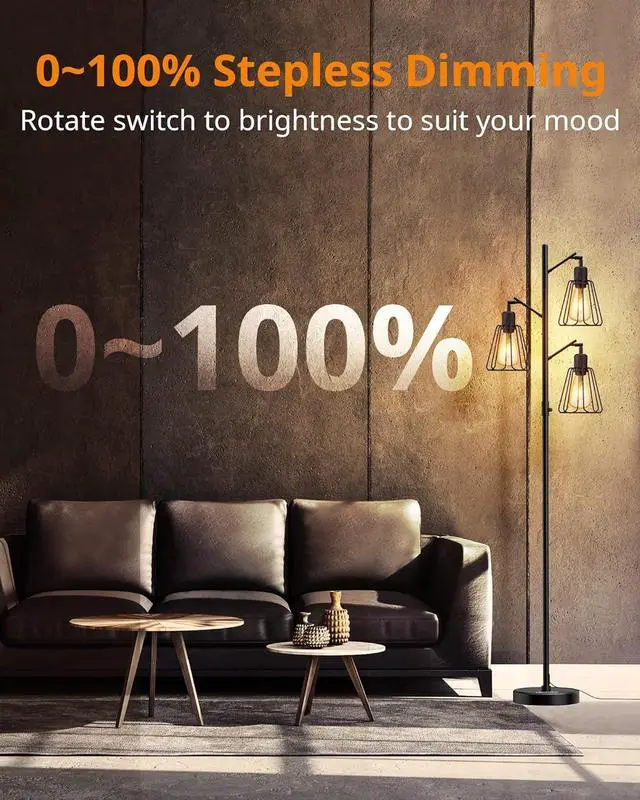 Alt view image 3 of 7 - LEPOWER Industrial Floor Lamp, 3 x 800LM LED Edison Lamps Included, Floor Lamp for Bedroom with 90° Multi Head, Dimmable Floor Lamps Black for Office, Bedroom, Farmhouse Decor