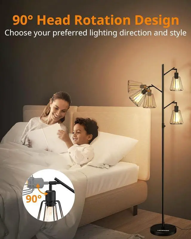 Alt view image 5 of 7 - LEPOWER Industrial Floor Lamp, 3 x 800LM LED Edison Lamps Included, Floor Lamp for Bedroom with 90° Multi Head, Dimmable Floor Lamps Black for Office, Bedroom, Farmhouse Decor