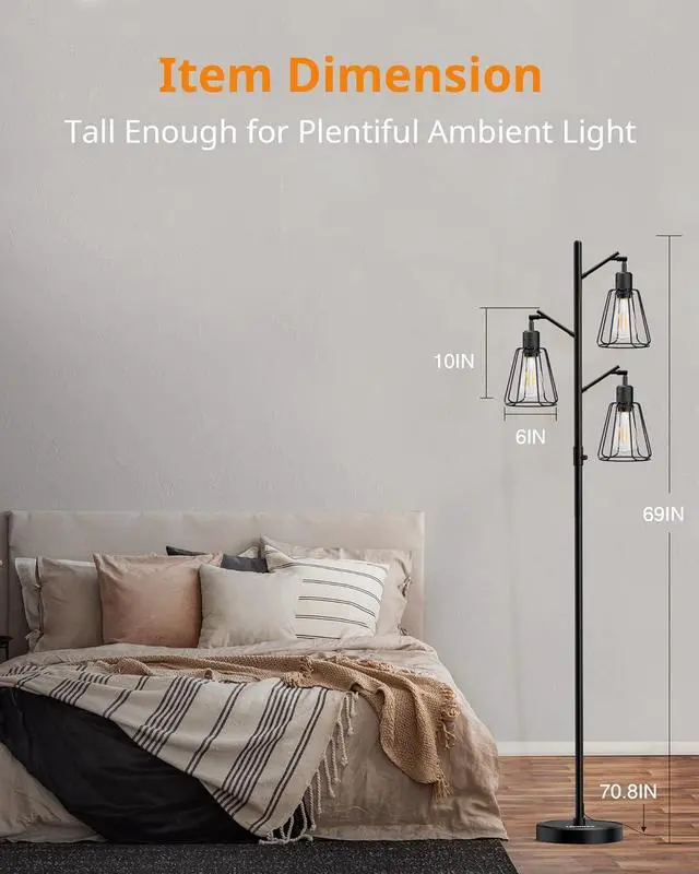 Alt view image 7 of 7 - LEPOWER Industrial Floor Lamp, 3 x 800LM LED Edison Lamps Included, Floor Lamp for Bedroom with 90° Multi Head, Dimmable Floor Lamps Black for Office, Bedroom, Farmhouse Decor