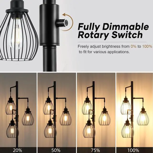 Alt view image 2 of 7 - 68.5 Dimmable Floor Lamp, Industrial Farmhouse Floor Lamps with Elegant Teardrop Cages, Rustic Floor Lamps Black Tall Vintage Pole Lamps for Living Room Bedroom Office, 3 LED Bulbs Included
