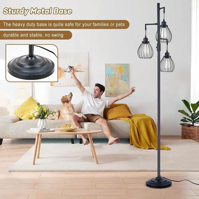 Alt view image 3 of 7 - 68.5 Dimmable Floor Lamp, Industrial Farmhouse Floor Lamps with Elegant Teardrop Cages, Rustic Floor Lamps Black Tall Vintage Pole Lamps for Living Room Bedroom Office, 3 LED Bulbs Included