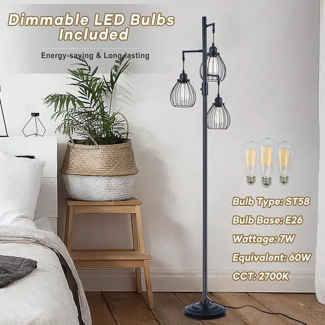 Alt view image 4 of 7 - 68.5 Dimmable Floor Lamp, Industrial Farmhouse Floor Lamps with Elegant Teardrop Cages, Rustic Floor Lamps Black Tall Vintage Pole Lamps for Living Room Bedroom Office, 3 LED Bulbs Included