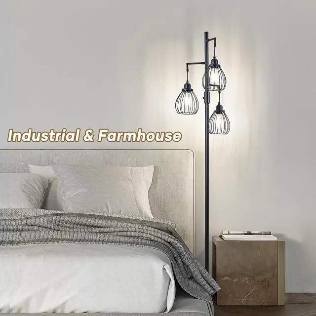 Alt view image 5 of 7 - 68.5 Dimmable Floor Lamp, Industrial Farmhouse Floor Lamps with Elegant Teardrop Cages, Rustic Floor Lamps Black Tall Vintage Pole Lamps for Living Room Bedroom Office, 3 LED Bulbs Included