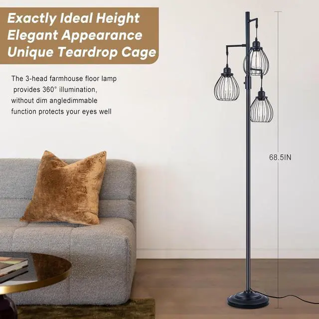 Alt view image 6 of 7 - 68.5 Dimmable Floor Lamp, Industrial Farmhouse Floor Lamps with Elegant Teardrop Cages, Rustic Floor Lamps Black Tall Vintage Pole Lamps for Living Room Bedroom Office, 3 LED Bulbs Included