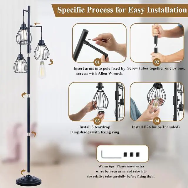 Alt view image 7 of 7 - 68.5 Dimmable Floor Lamp, Industrial Farmhouse Floor Lamps with Elegant Teardrop Cages, Rustic Floor Lamps Black Tall Vintage Pole Lamps for Living Room Bedroom Office, 3 LED Bulbs Included