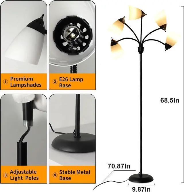 Alt view image 4 of 7 - DINGLILIGHTING Floor Lamp Tall for Room: Flexible Gooseneck Floor Lamps Standing for Bedroom Home Office - Modern Floor Lights 5-Light