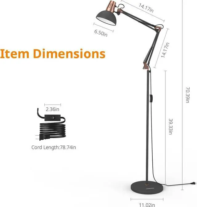 Alt view image 5 of 7 - LEPOWER Metal Floor Lamp, Adjustable Architect Swing Arm Standing Lamp with Heavy Duty Base, Eye-Caring Reading/Drawing Lamp with On/Off Switch for Living Room, Bedroom, Office Sand Black