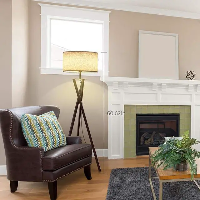 Alt view image 6 of 7 - LEPOWER Tripod Floor Lamp, Mid Century Wood Floor Lamps for Living Room, Bedroom and Office, Flaxen Lamp Shade with E26 Lamp Base