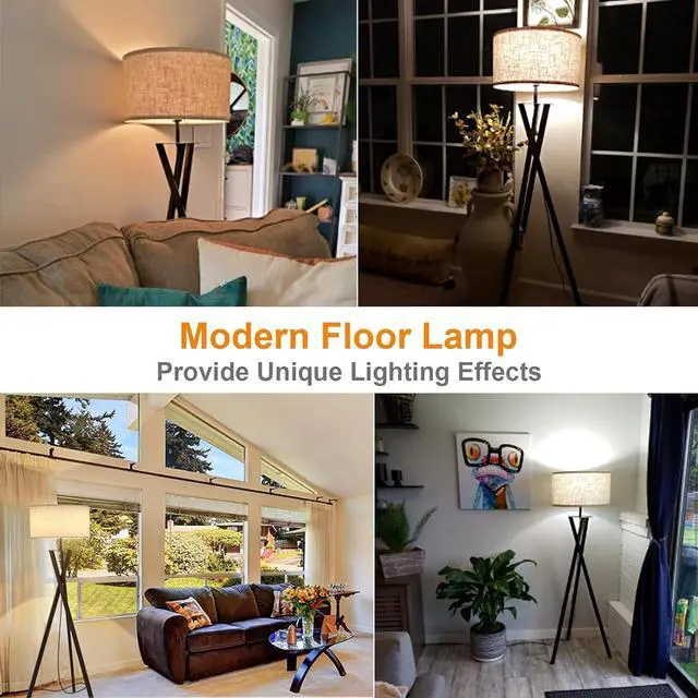 Alt view image 7 of 7 - LEPOWER Tripod Floor Lamp, Mid Century Wood Floor Lamps for Living Room, Bedroom and Office, Flaxen Lamp Shade with E26 Lamp Base