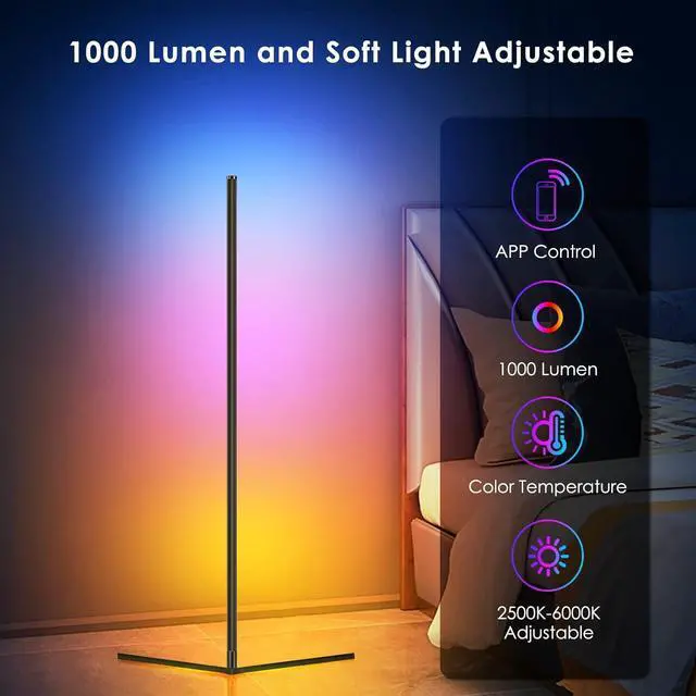 Alt view image 3 of 6 - RGB Corner Floor Lamp, Easter Floor Lamp RGBIC Color Changing Corner Lamp LED Modern Floor Lights with Bluetooth APP and Remote Control Music Sync, 65" RGB Mood Lighting 24H Timing 398+ DIY Modes